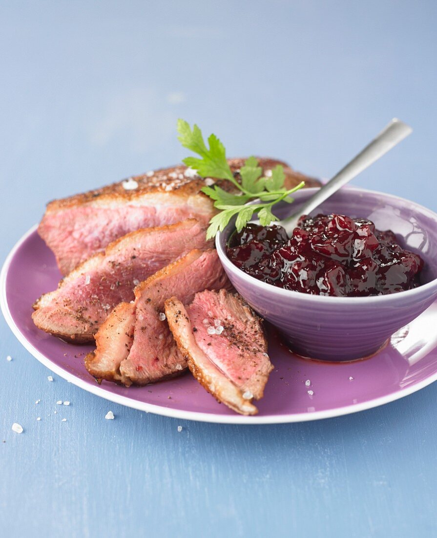 Duck magret with sour griotte cherry chutney