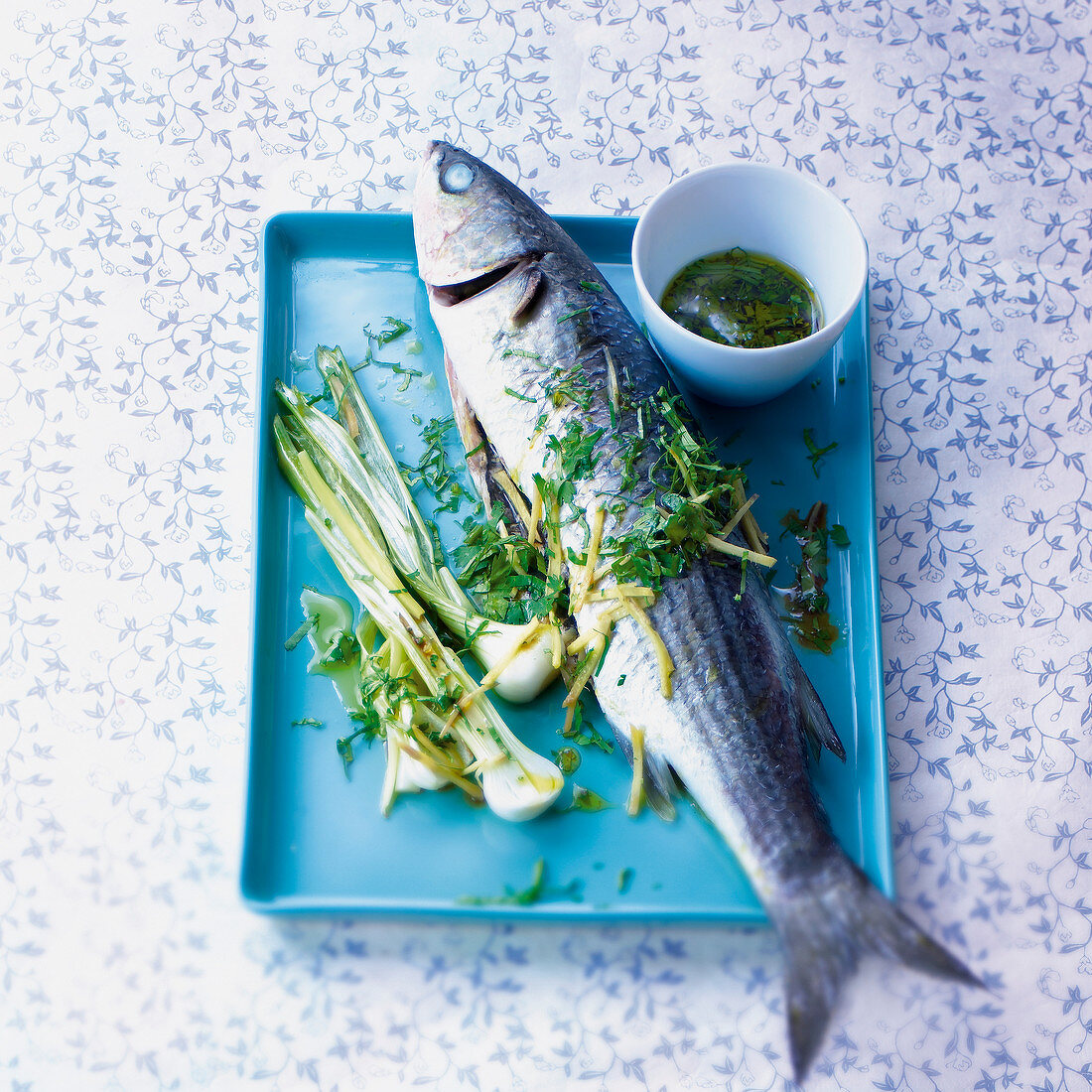 Mullet with spring onions and herb vinaigrette