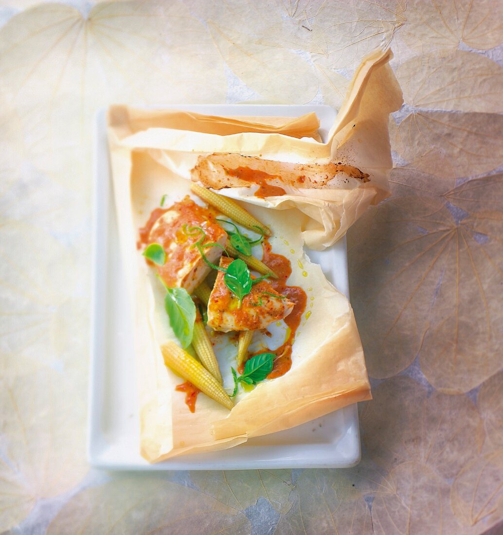 Thai-style chicken with curry cooked in wax paper