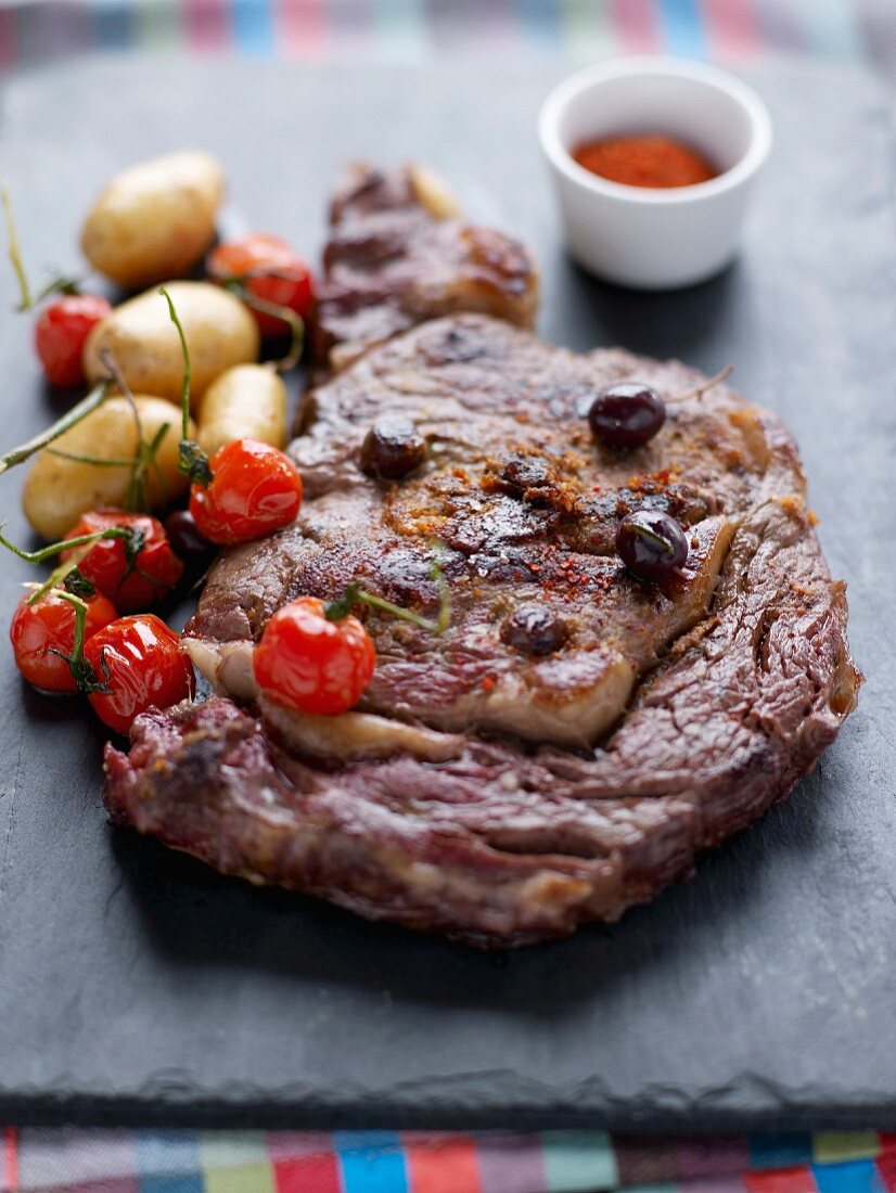 Gegrilltes Entrecote vom Rind mit Oliven, Kirschtomaten und Rattes-Kartoffeln