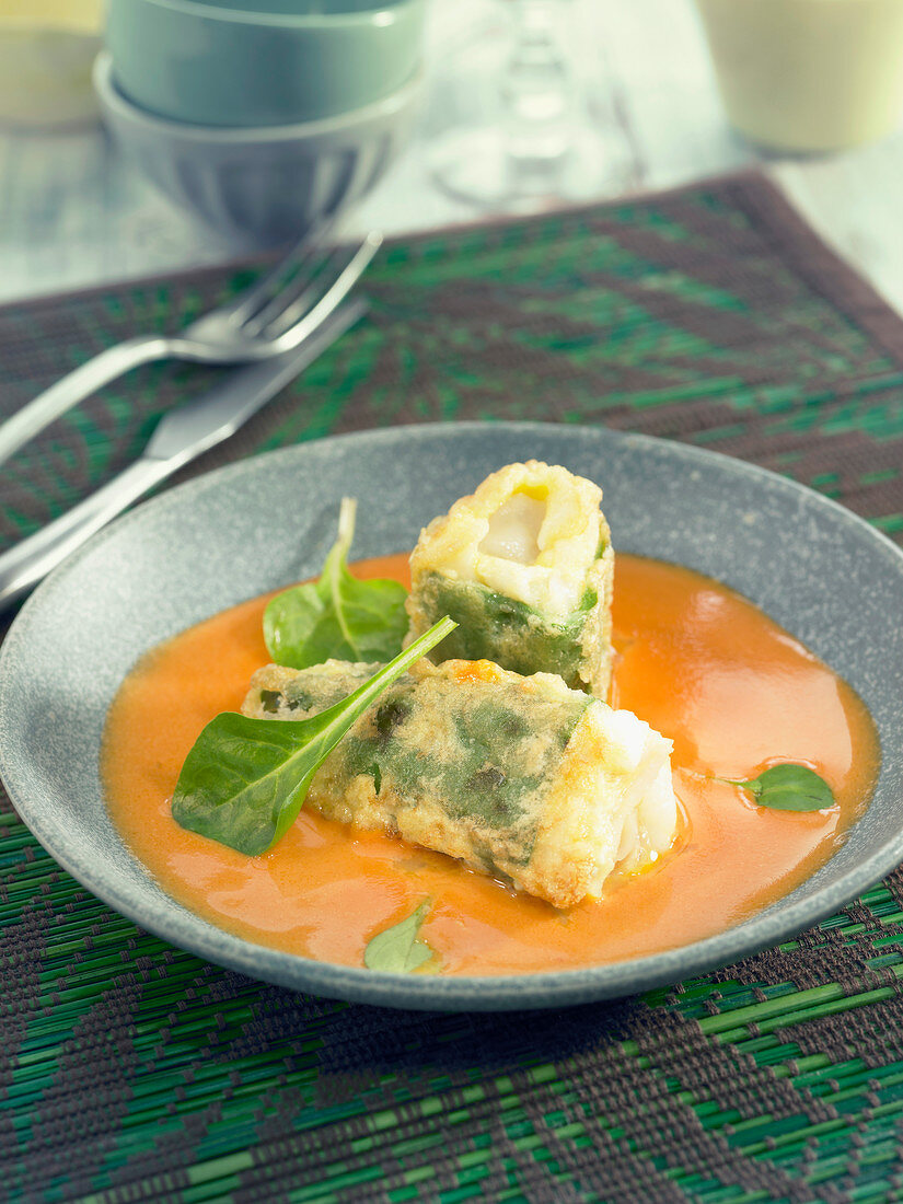 Green peppers stuffed with salt-cod, creamy tomato and Cognac sauce