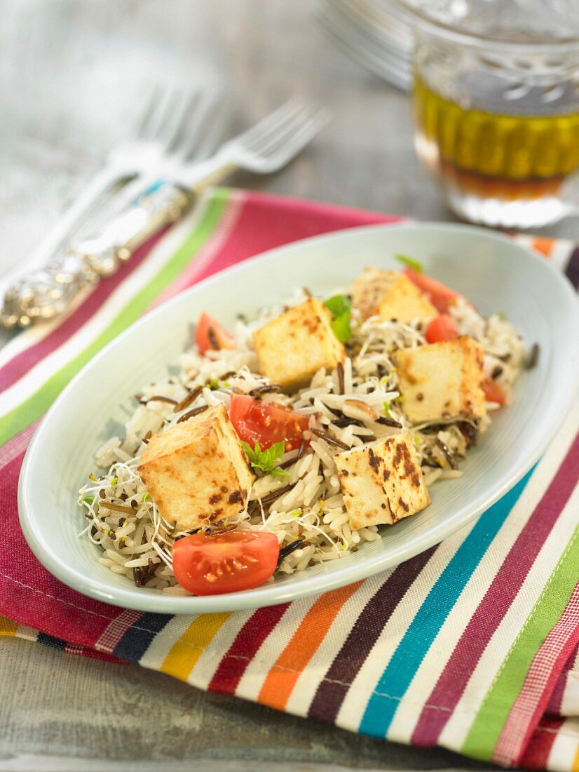 Basmati rice,wild rice,tofu,luzerne sprout and tomato salad