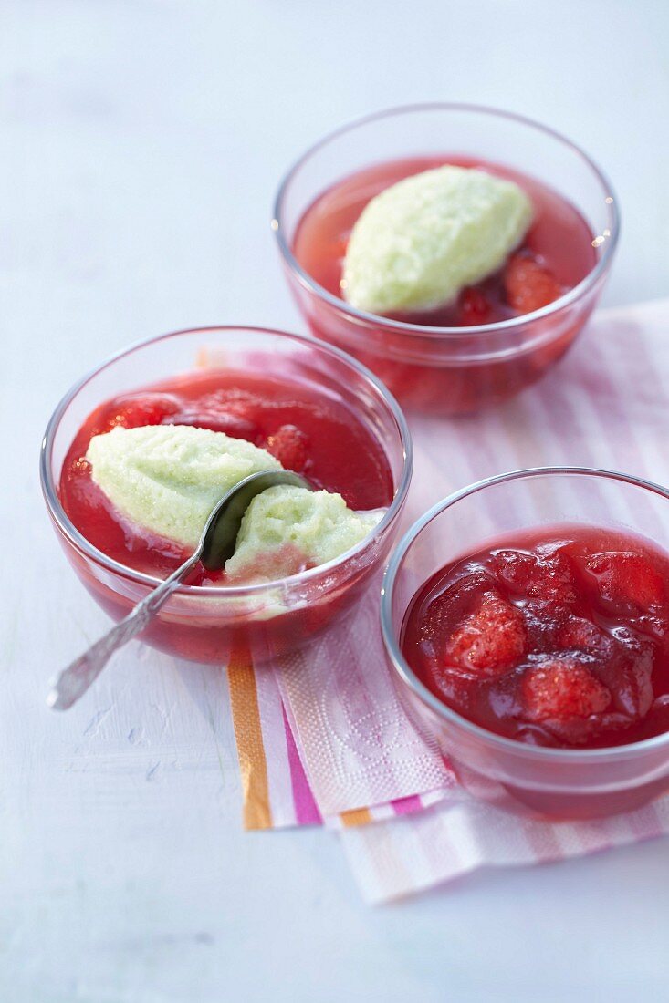 Strawberries in hibiscus jelly with lime sorbet