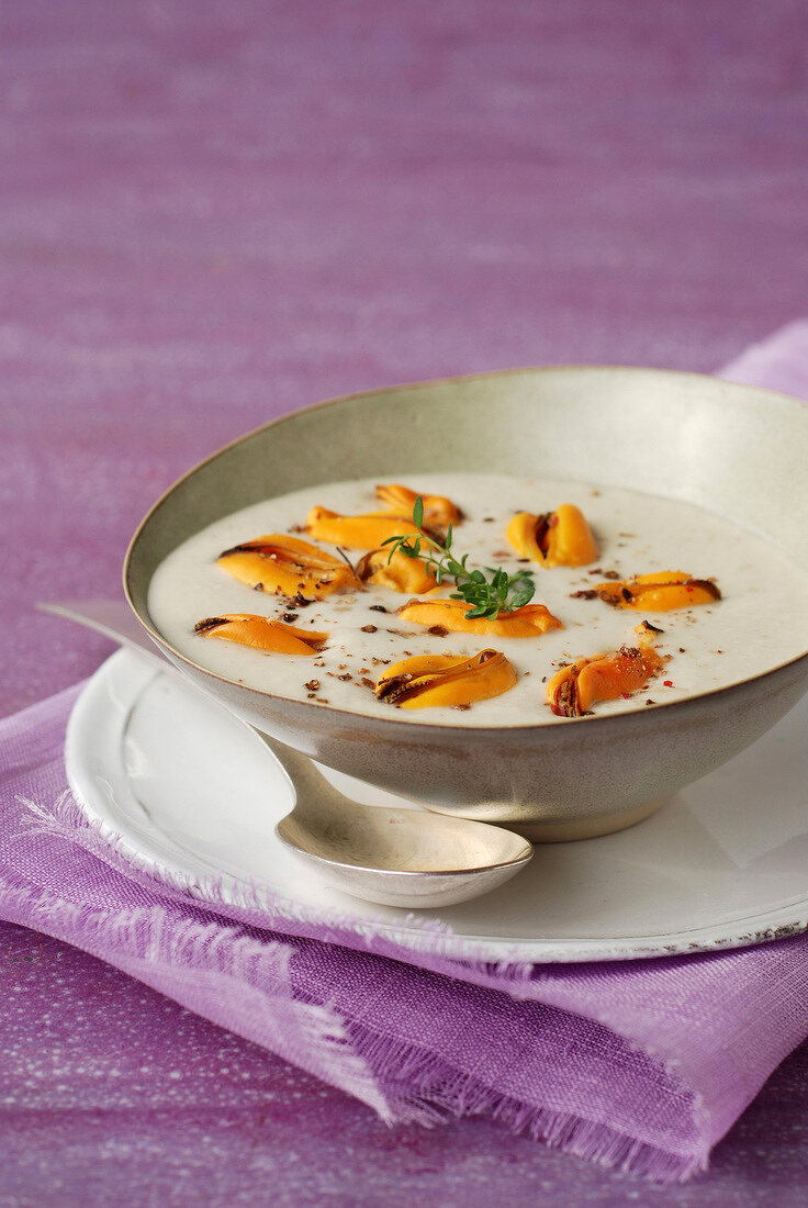 Cream of celeriac soup with mussels and 5 peppers