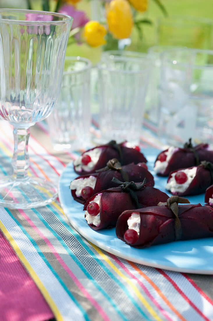 Beetroot,creamed goat's cheese and redcurrant nems