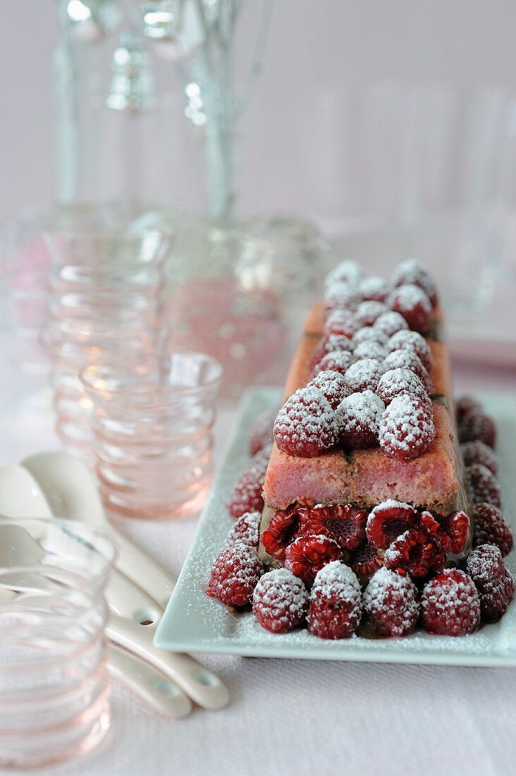 Geeiste Buche (Baumstammkuchen, Frankreich) mit Schokolade, Himbeeren und rosa Biskuit