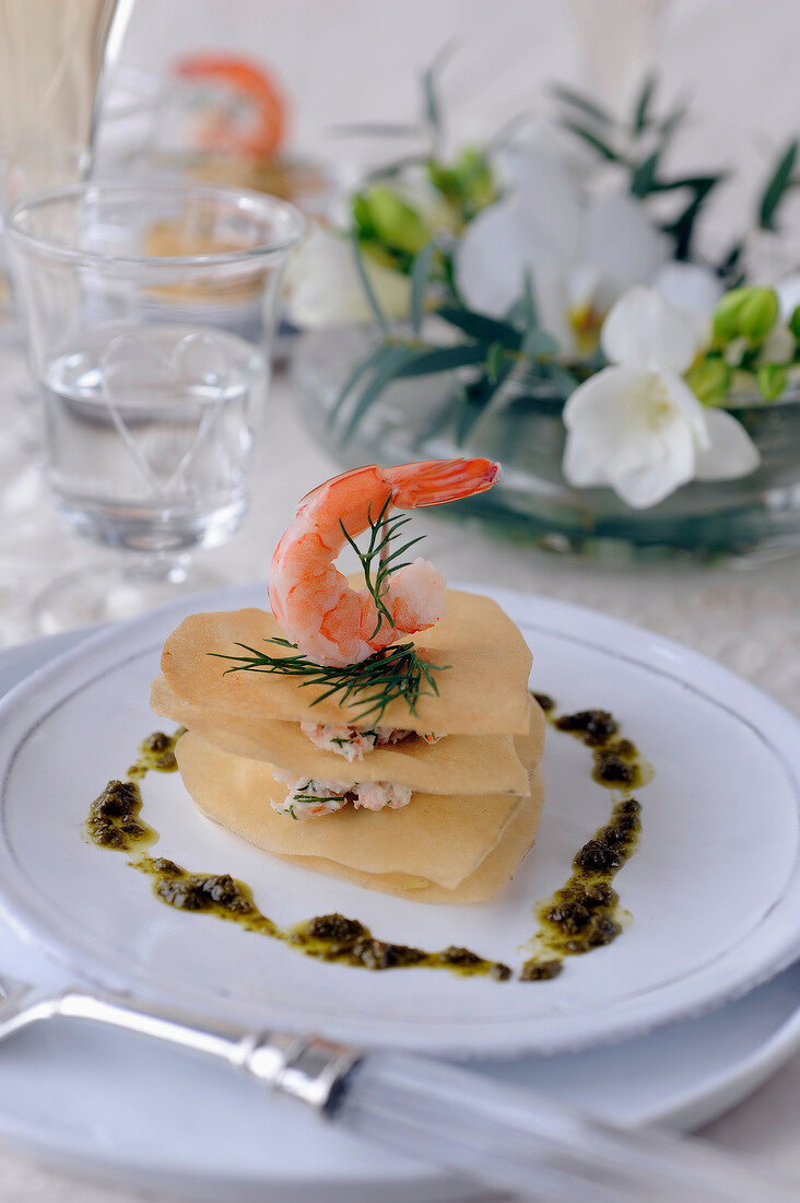 Filo pastry and shrimp Mille-feuille with dill
