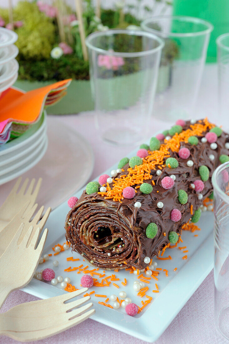 Rolled crepe and Nutella log cake