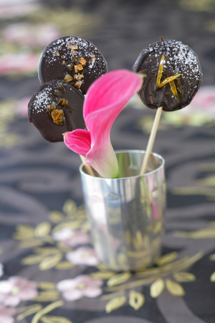 Chocolate and candied fruit lollipops