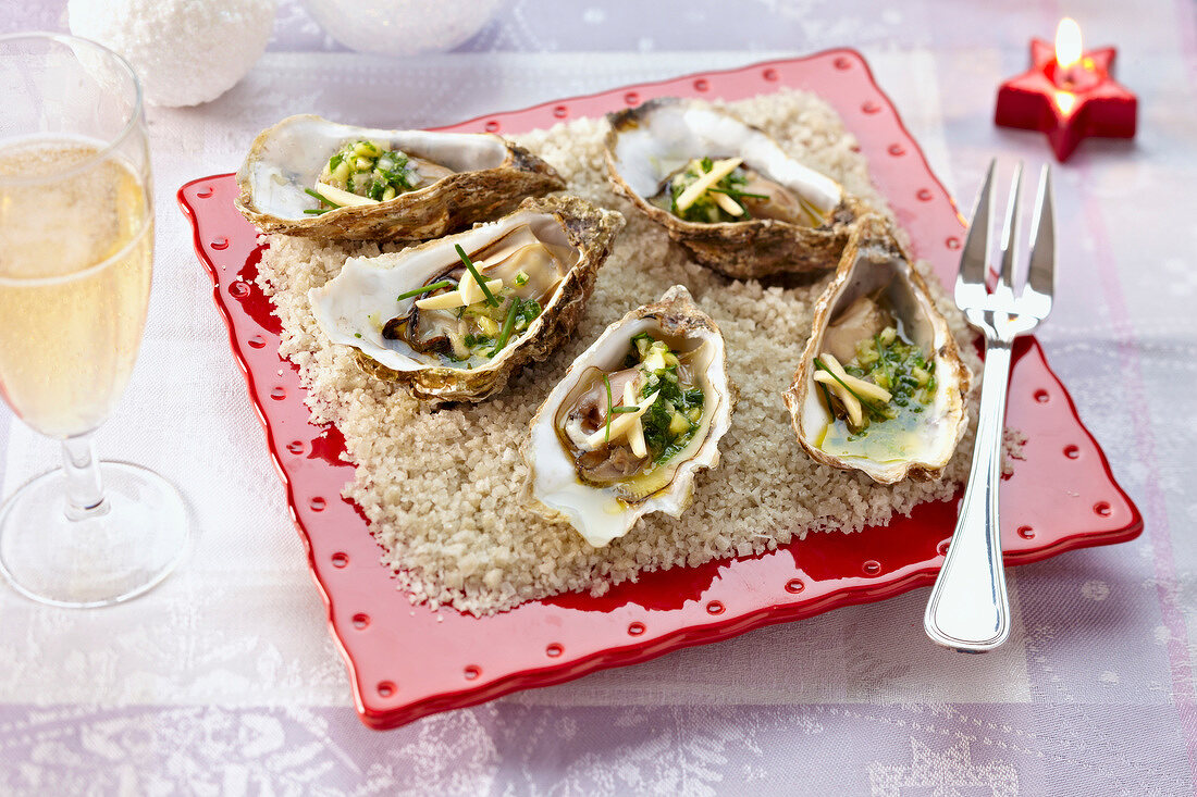 Hot oysters with fresh herbs