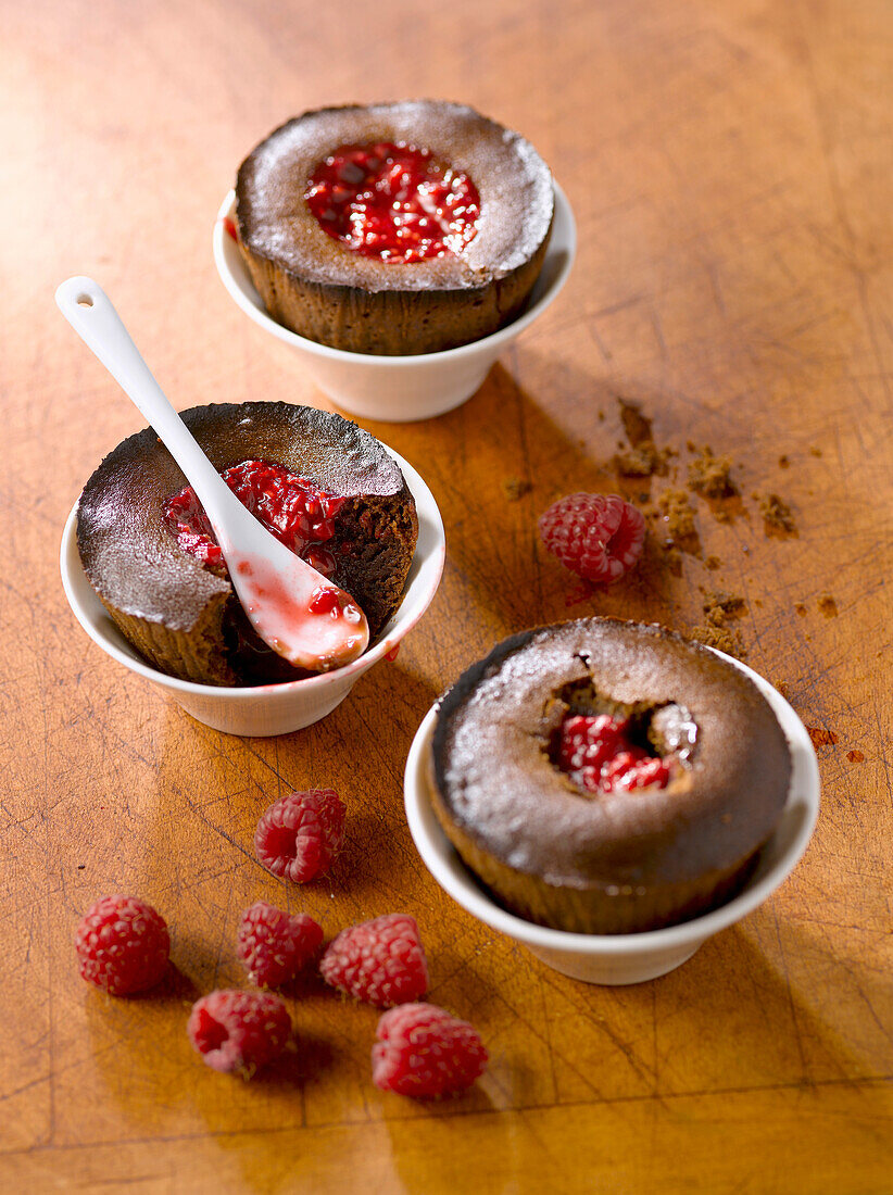 Chocolate soufflé with raspberries