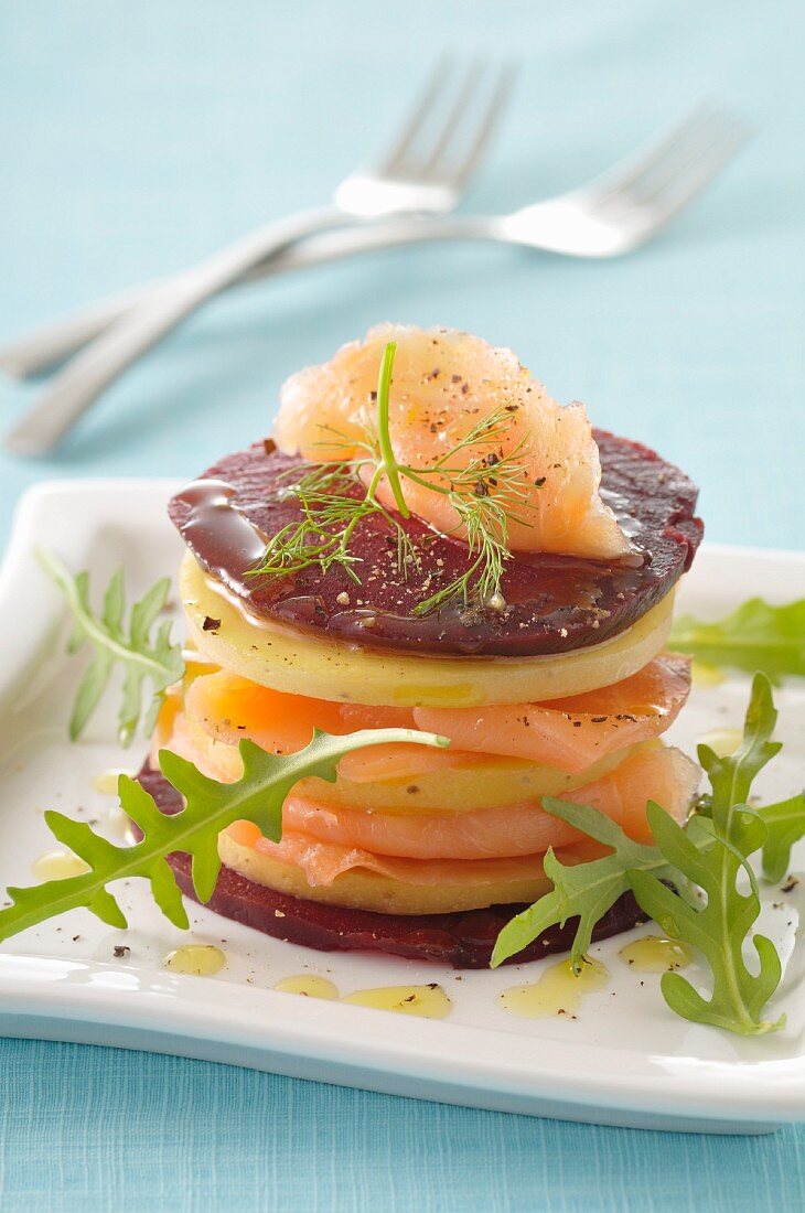 Potato,salmon and beetroot mille-feuille