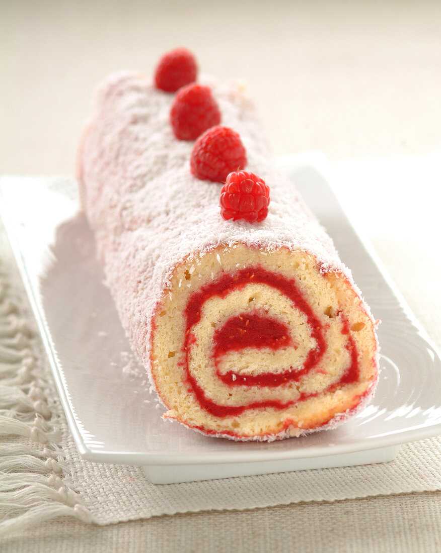 Raspberry rolled sponge cake