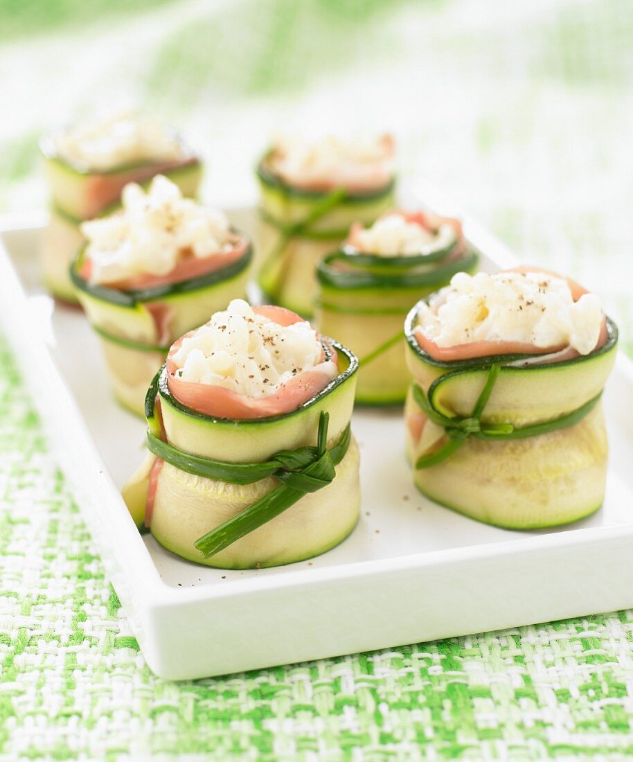 Zucchini, Parma ham and rice appetizers