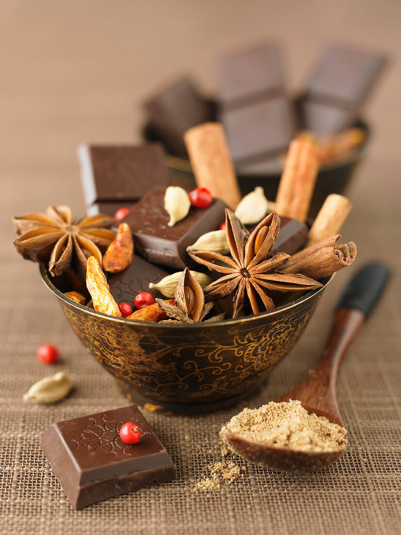 Schüssel mit Schokoladenstücken und verschiedenen Gewürzen