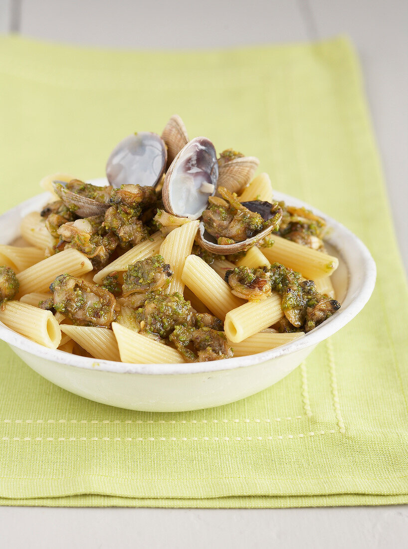 Penne with pistachio pesto and littleneck clams