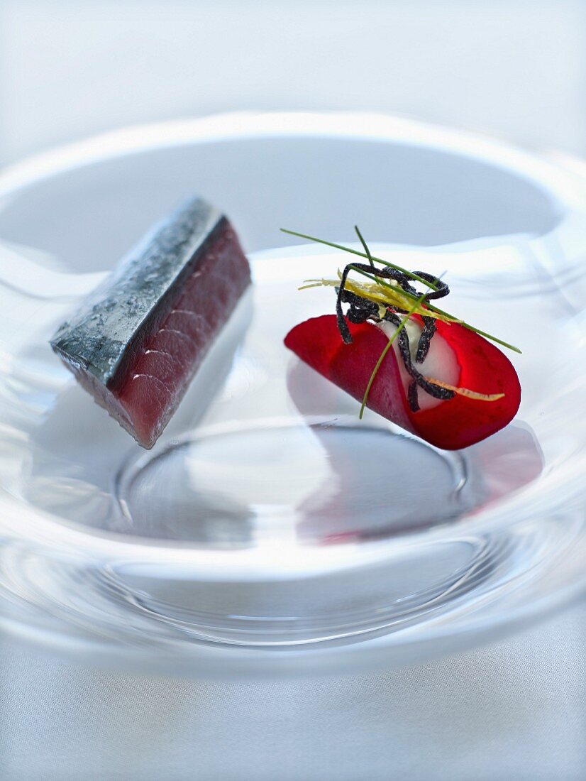 Marinated mackerel,beetroot and wasabi whipped cream ravioli