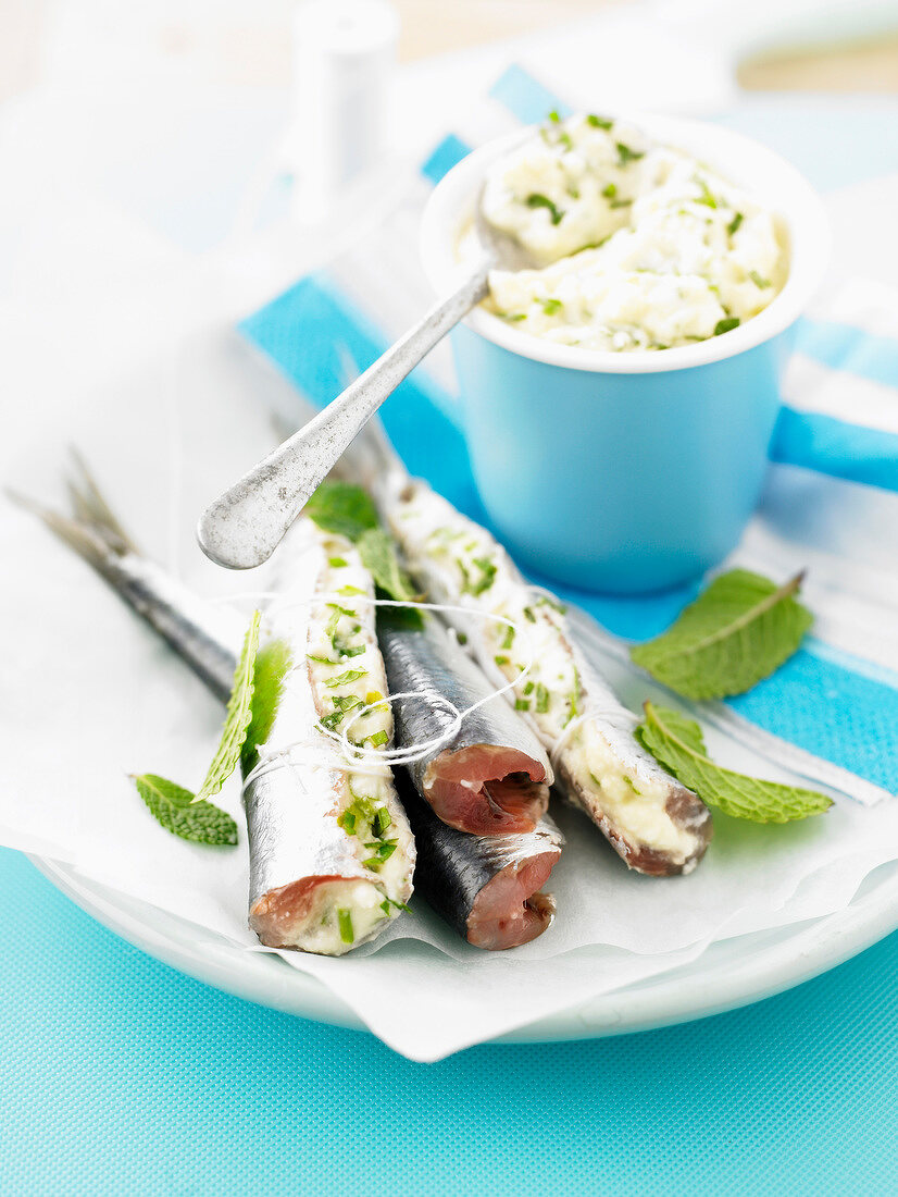 Sardines stuffed with cream cheese and mint