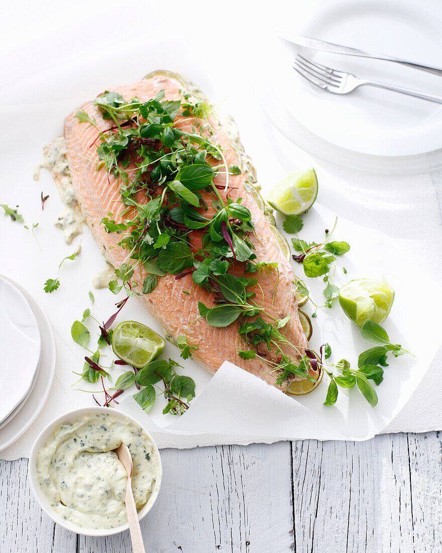 Whole oven roast salmon side with herbs and remoulade sauce