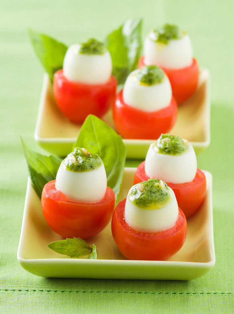Tomatoes stuffed with quail's eggs and pistou