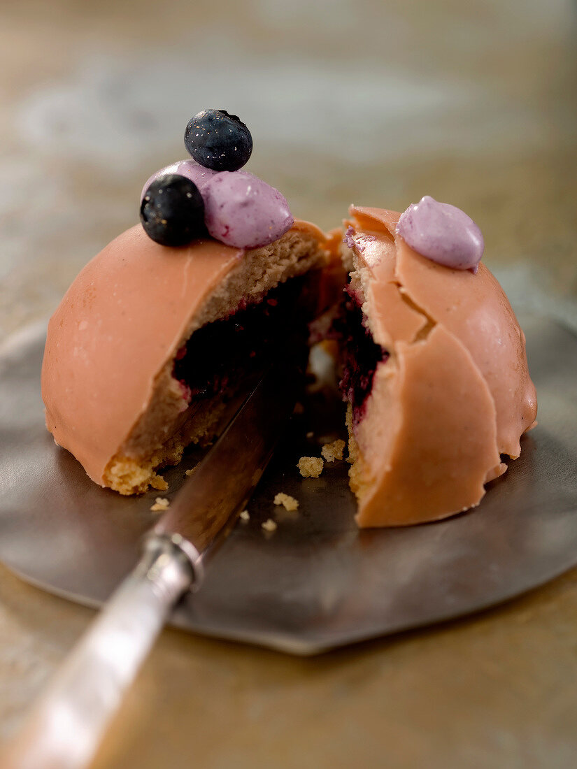 Chestnut dome dessert with blueberry jam filling