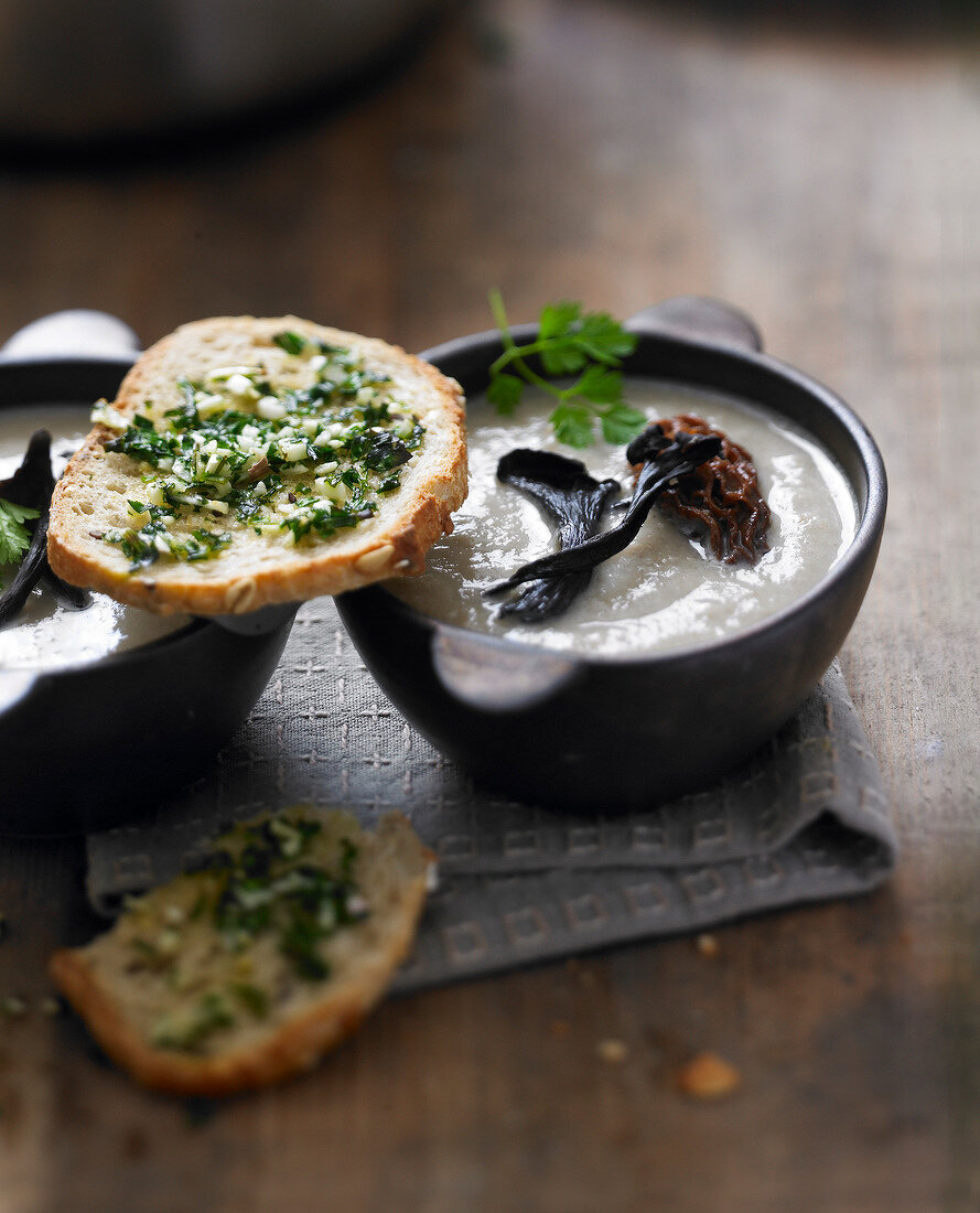 Cream of morel and black trumpet mushroom soup,parsley toasts