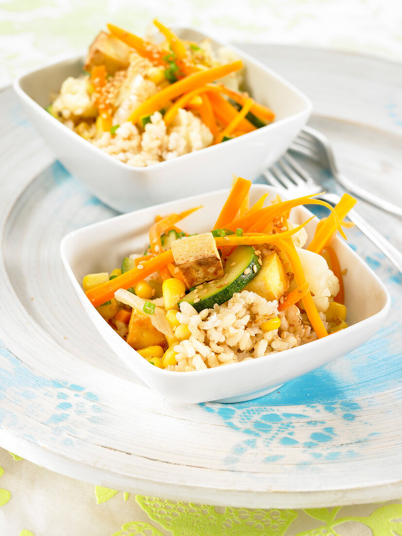 Fried rice with carrots and tofu
