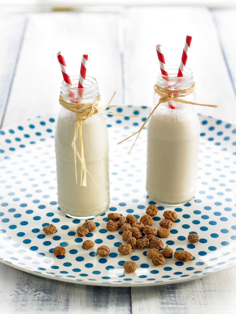 Bottles of Horchata and souchet roots