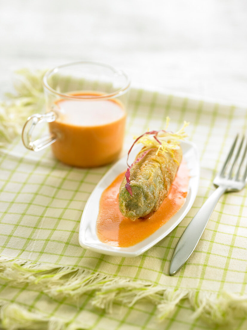 Chicory tempura with pumpkin cream