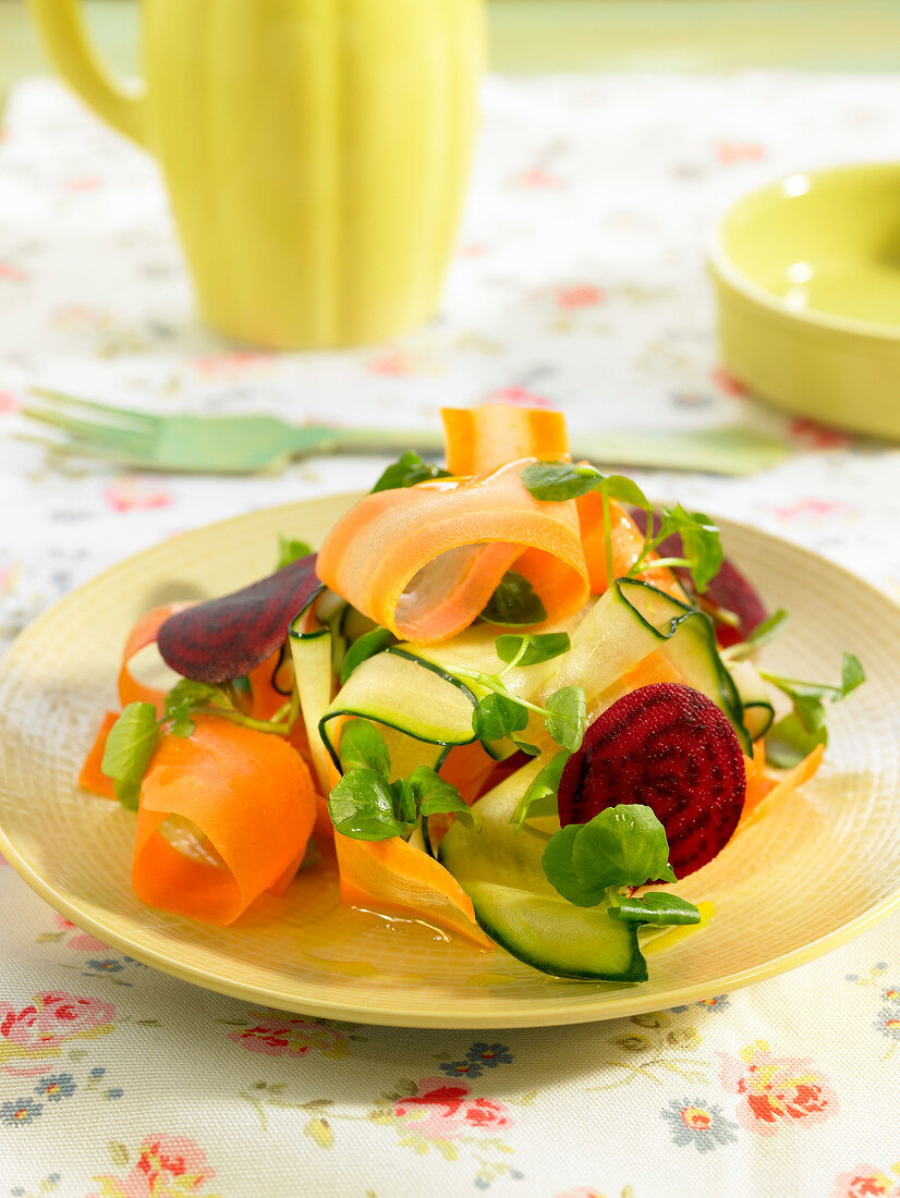 Cucumber, carrot, and sliced beetroot salad