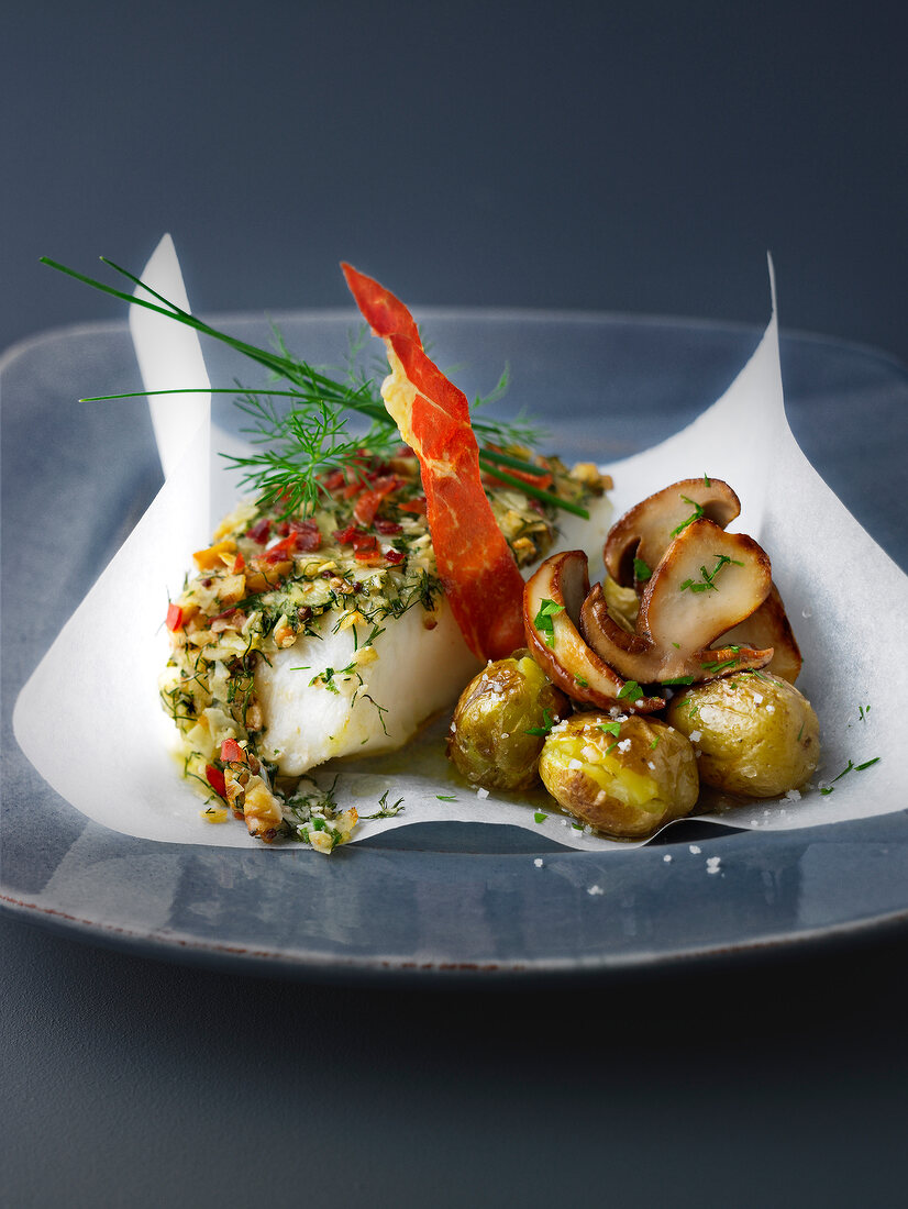 Crumble-style halibut with ceps and new potatoes
