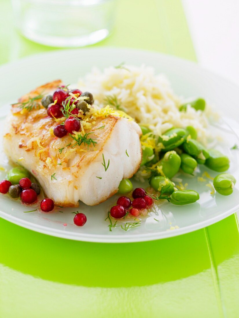 Cod with cranberries and capers, broad beans with lemon zests and basmati rice