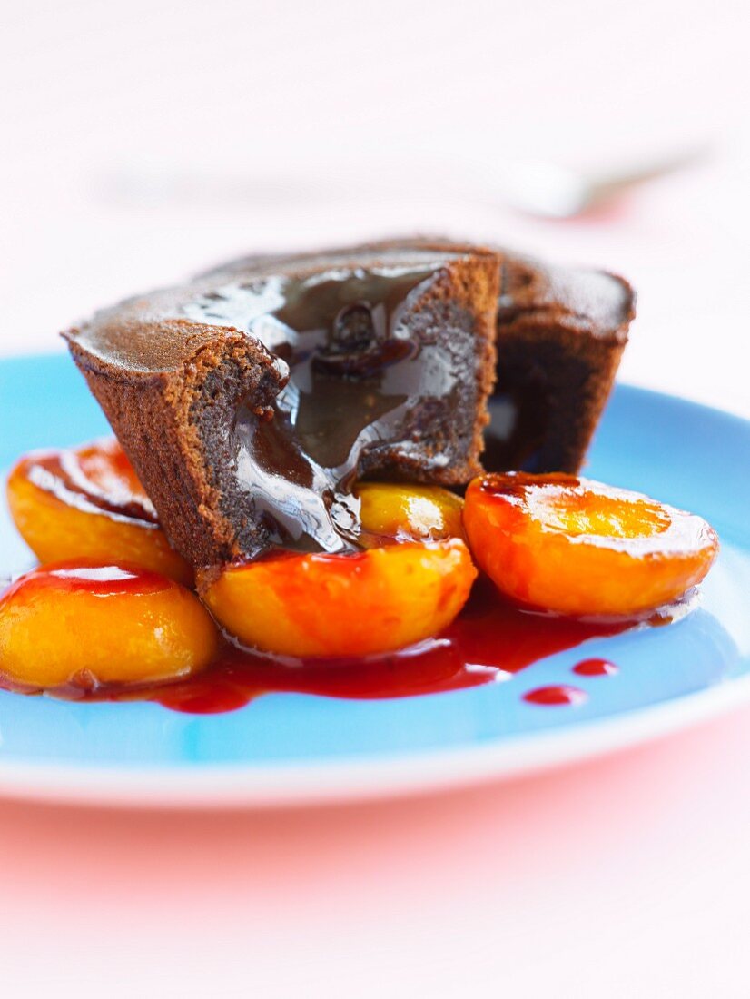 Chocolate fondant with apricots and redcurrant puree