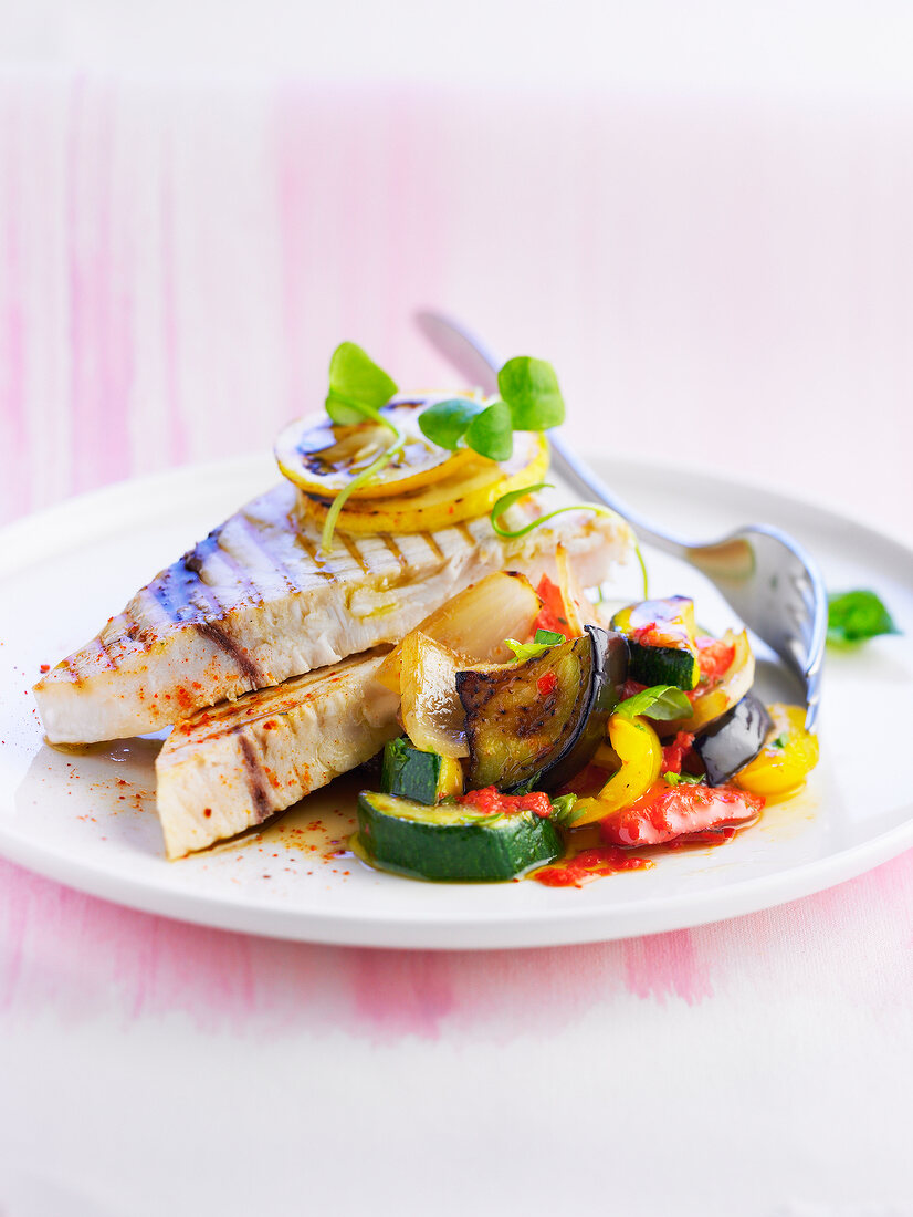Grilled swordfish with pan-fried southern vegetables