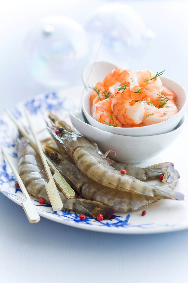 Whole raw gambas and cooked shrimps