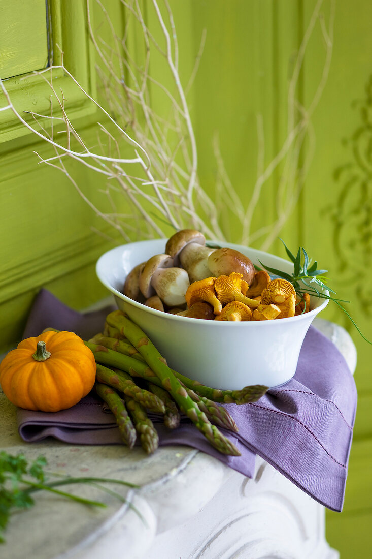 Ceps,chanterelles,green asparagus and small pumpkin