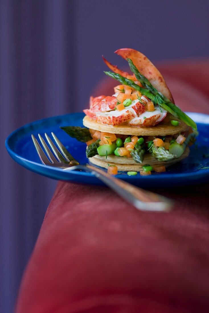Lobster,broad bean,asparagus and tomato mille-feuille
