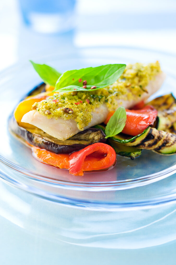 Hake in green crust with grilled vegetables