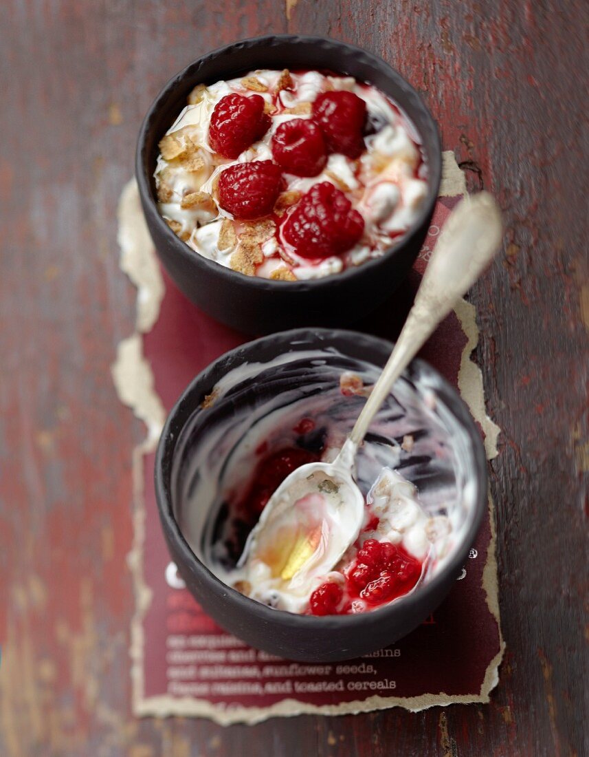 Fromage blanc mit Müsli, Honig und warmen Himbeeren