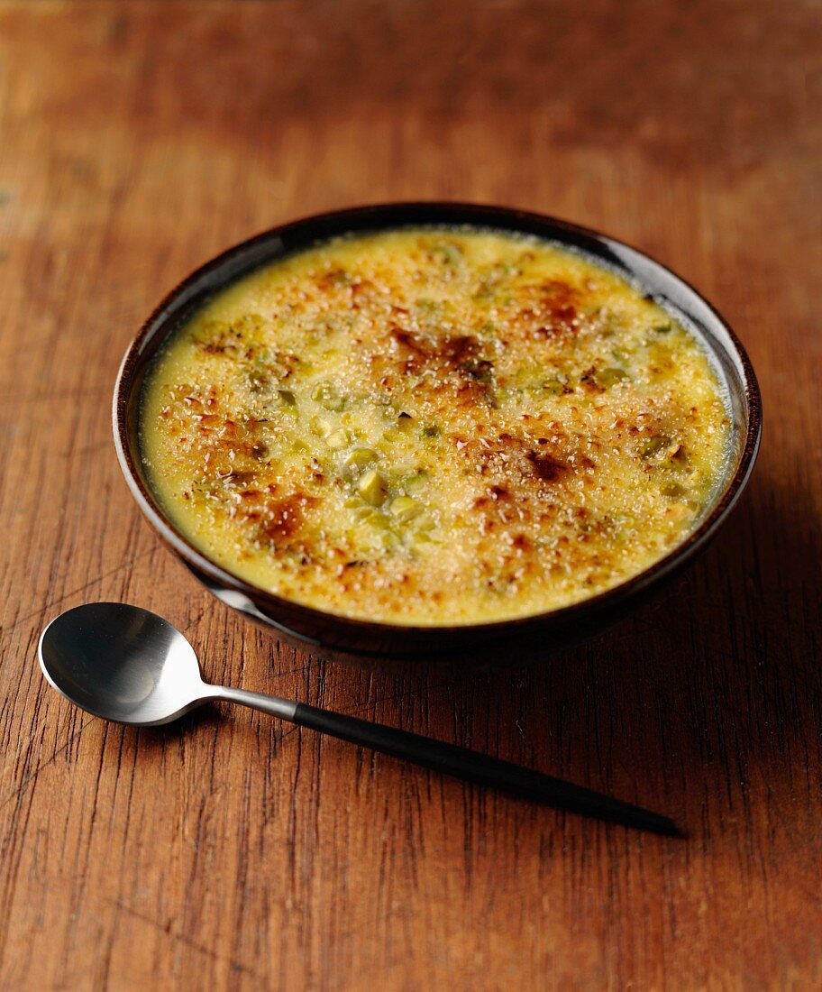 White chocolate and pistachio Crème brûlée