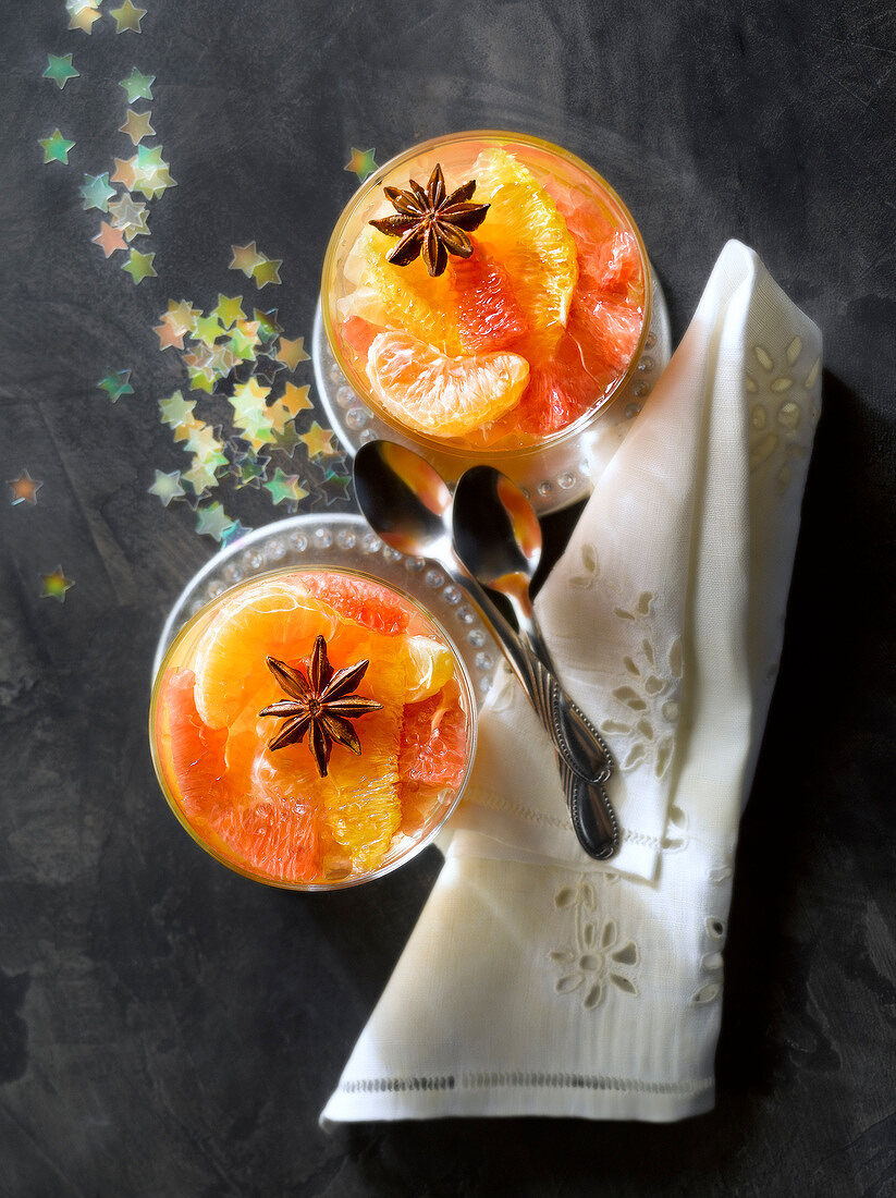 Citrus fruit in star anise-flavored jelly