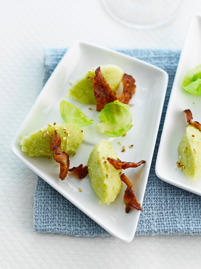 Brussels sprout mousse with fried raw ham