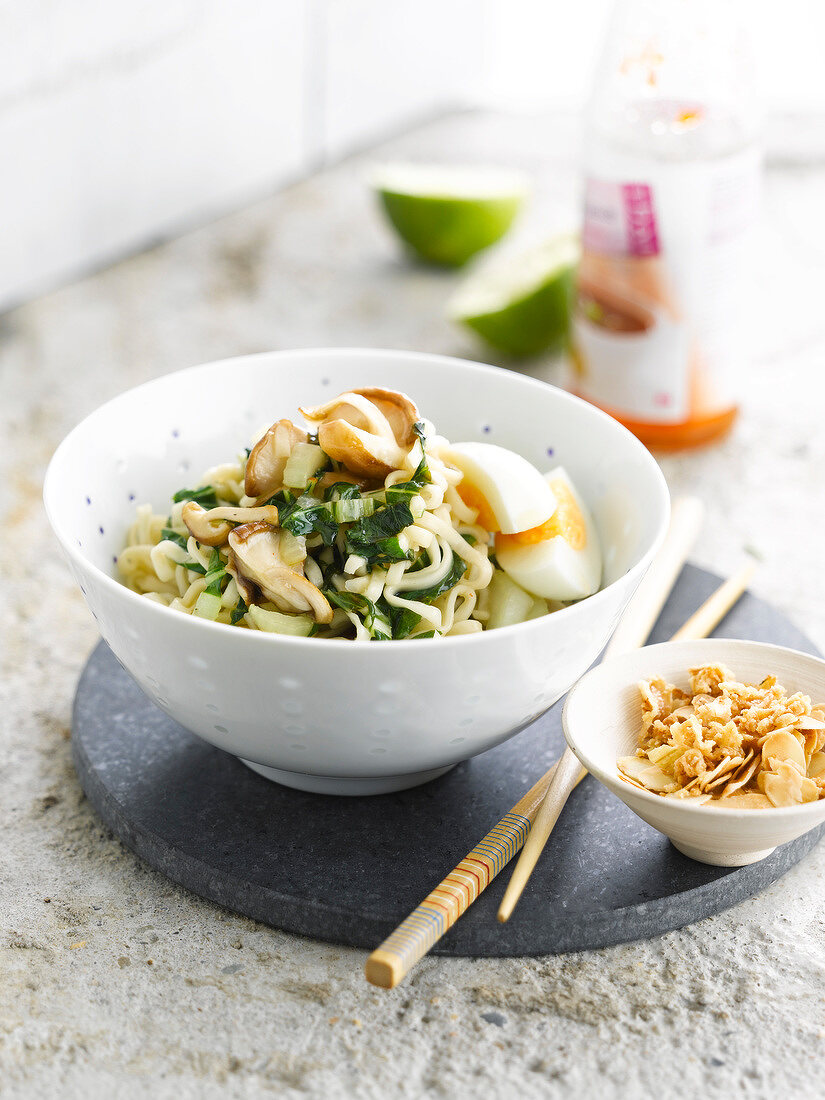 Noodles with eggs,bok choy and mushrooms