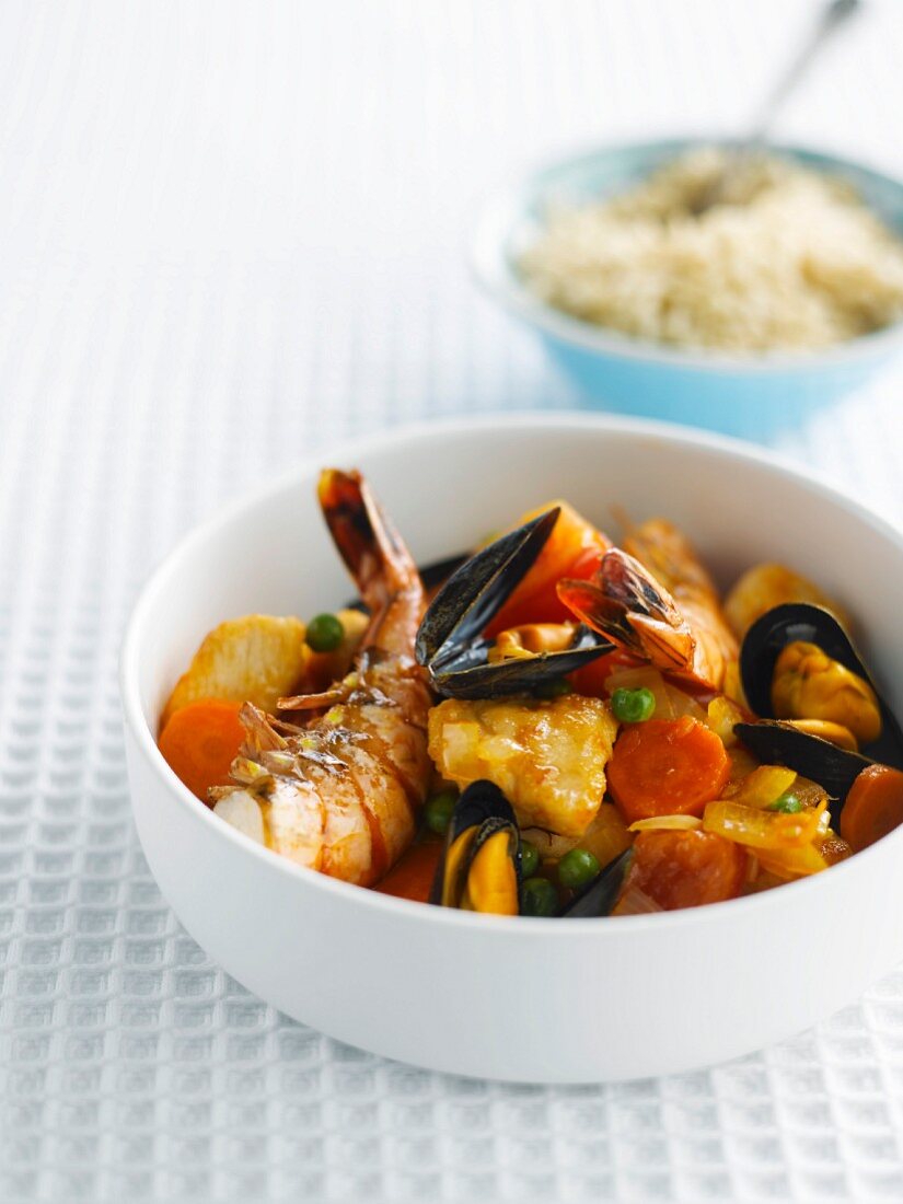 Mussel, king prawn, fish, chicken and vegetable stew