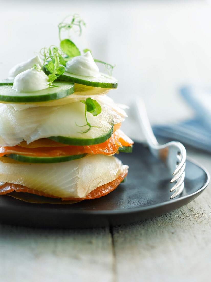 Cucumber,halibut and salmon mille-feuille