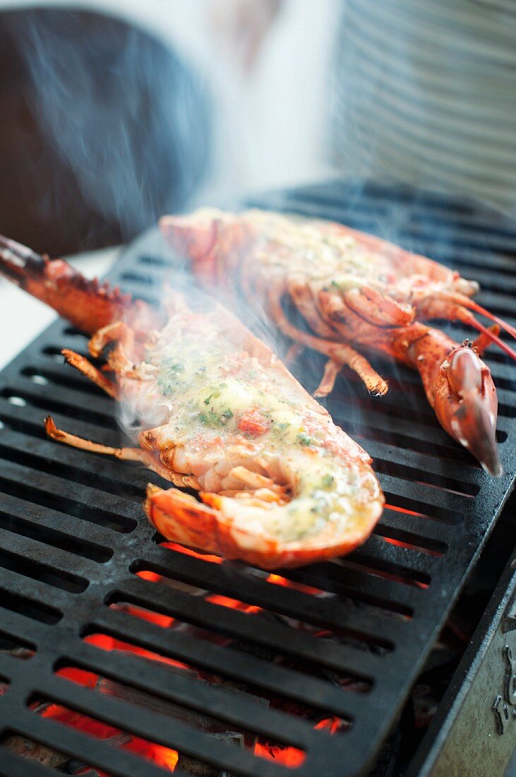 Cooking on the barbecue a lobster with fresh herb butter