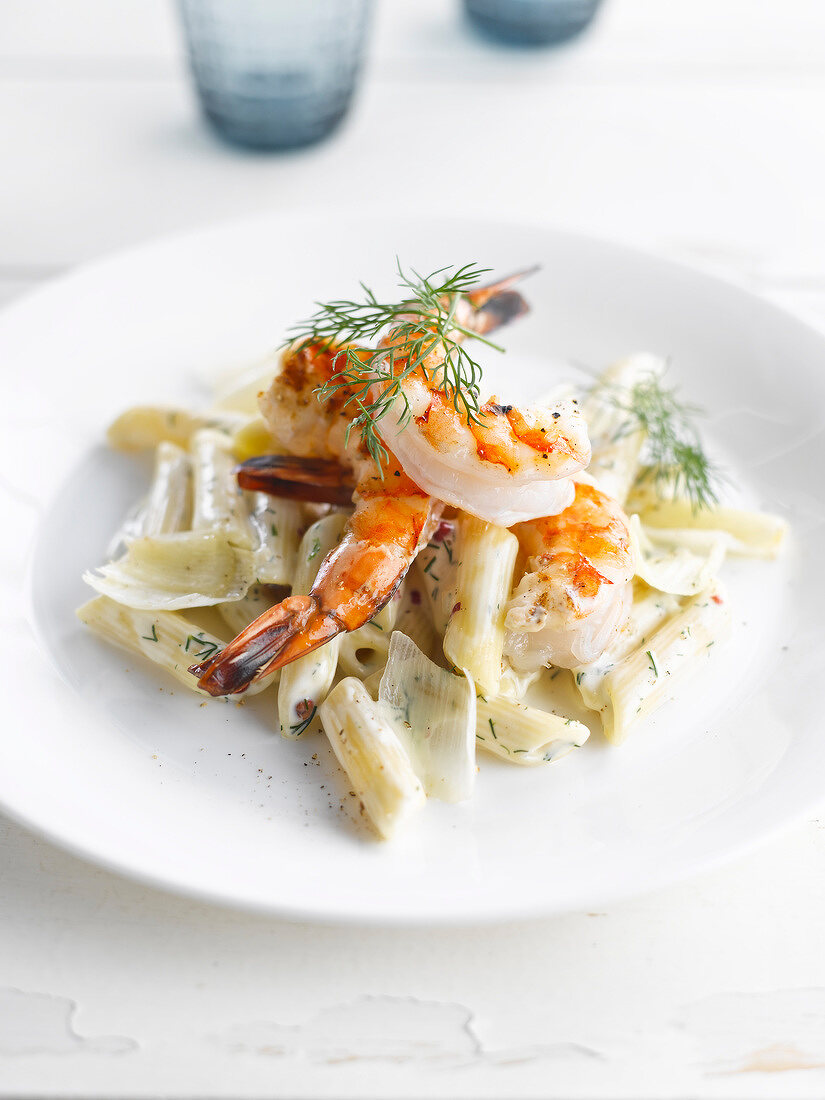 Penne with leeks and gambas
