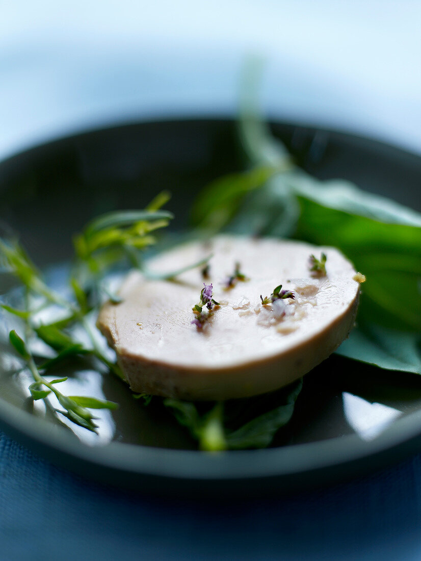 Ein Stück Foie gras auf frischen Kräutern