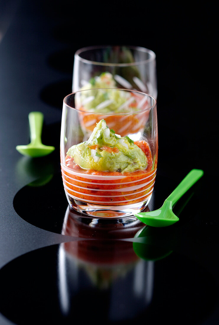 Pepper, avocado and tomato Verrine with cilantro