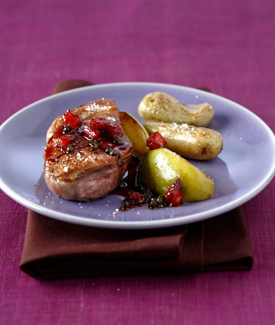 Duck breast with green pepper and caramel vinaigar,roasted apples and potatoes